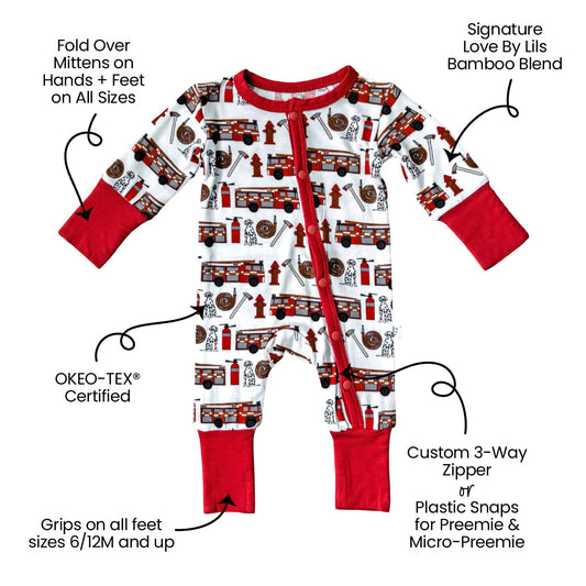 Alcaous Fire Trucks Bamboo Convertible Footie